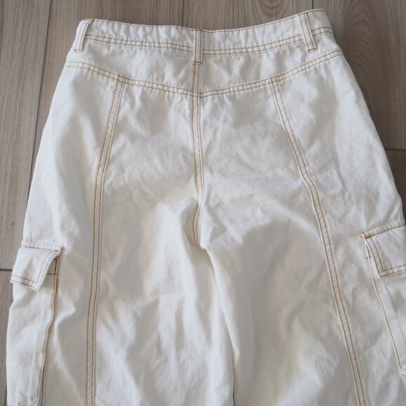 Skater Aesthetic White Cargo Pants With Brown Embordary And Zippers Sz Small - Picture 9 of 16